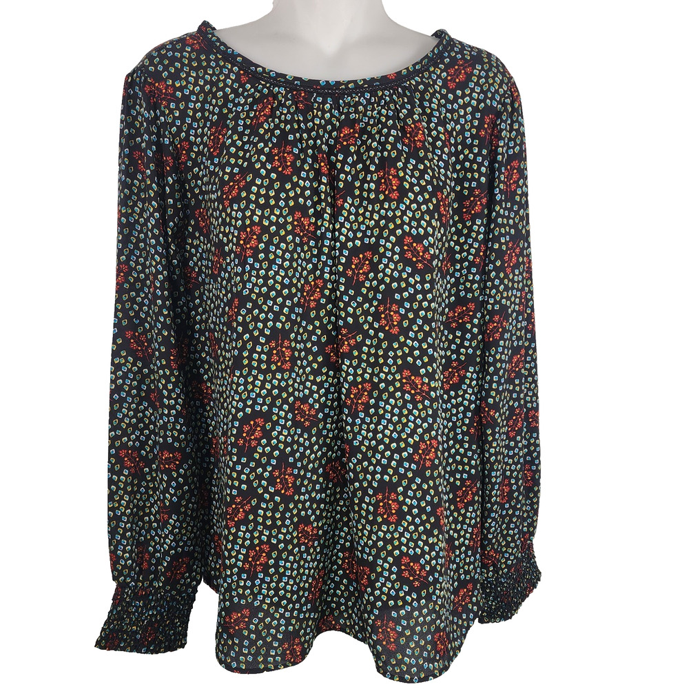 Loft Women Tops LP Multicolor Floral Smocked Cuff Long Sleeve Round Neck Lace